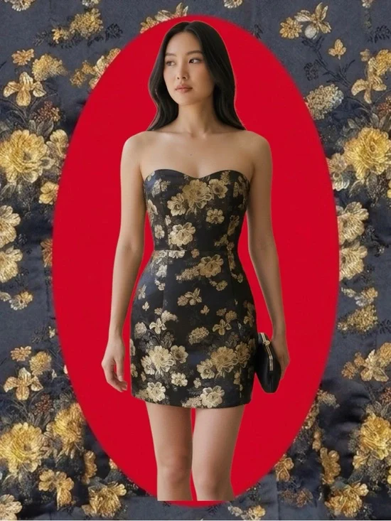 NWT Pretty Little Thing Black & Gold Floral Jacquard Strapless Mini Dress 10 - Picture 1 of 12